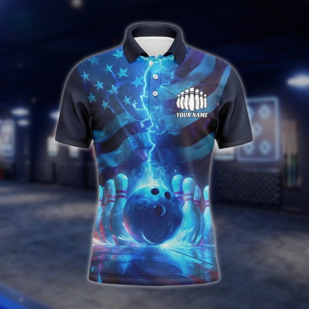 Personalized Thunder Lightning American Flag Bowling Polo Shirt For Men, Custom Patriotic Bowling Team Shirts BZ0765 BOW0155
