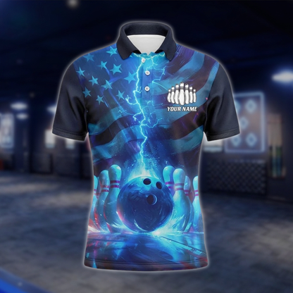 Personalized Thunder Lightning American Flag Bowling Polo Shirt For Men, Custom Patriotic Bowling Team Shirts BZ0765 BOW0155