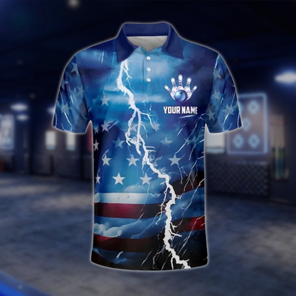 Custom USA Flag Blue Bowling Polo Shirts For Men, Custom Patriotic Bowling Team Shirts BO0380 BOW0447