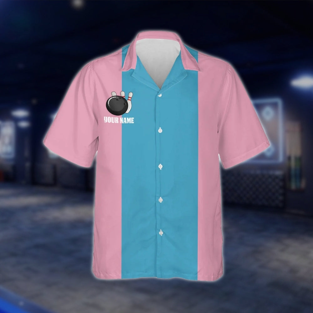 Women's Custom Pink Blue Vintage Bowling Hawaiian Shirt, Custom Vintage Bowling Team Shirts For Ladies BZ0019 BOW0303