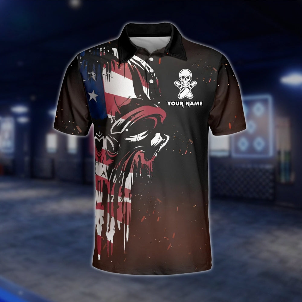 American Flag Skull Custom Bowling Polo Shirt For Mens, Custom Skull Patriotic Bowling Team Shirts BZ0190 BOW0487