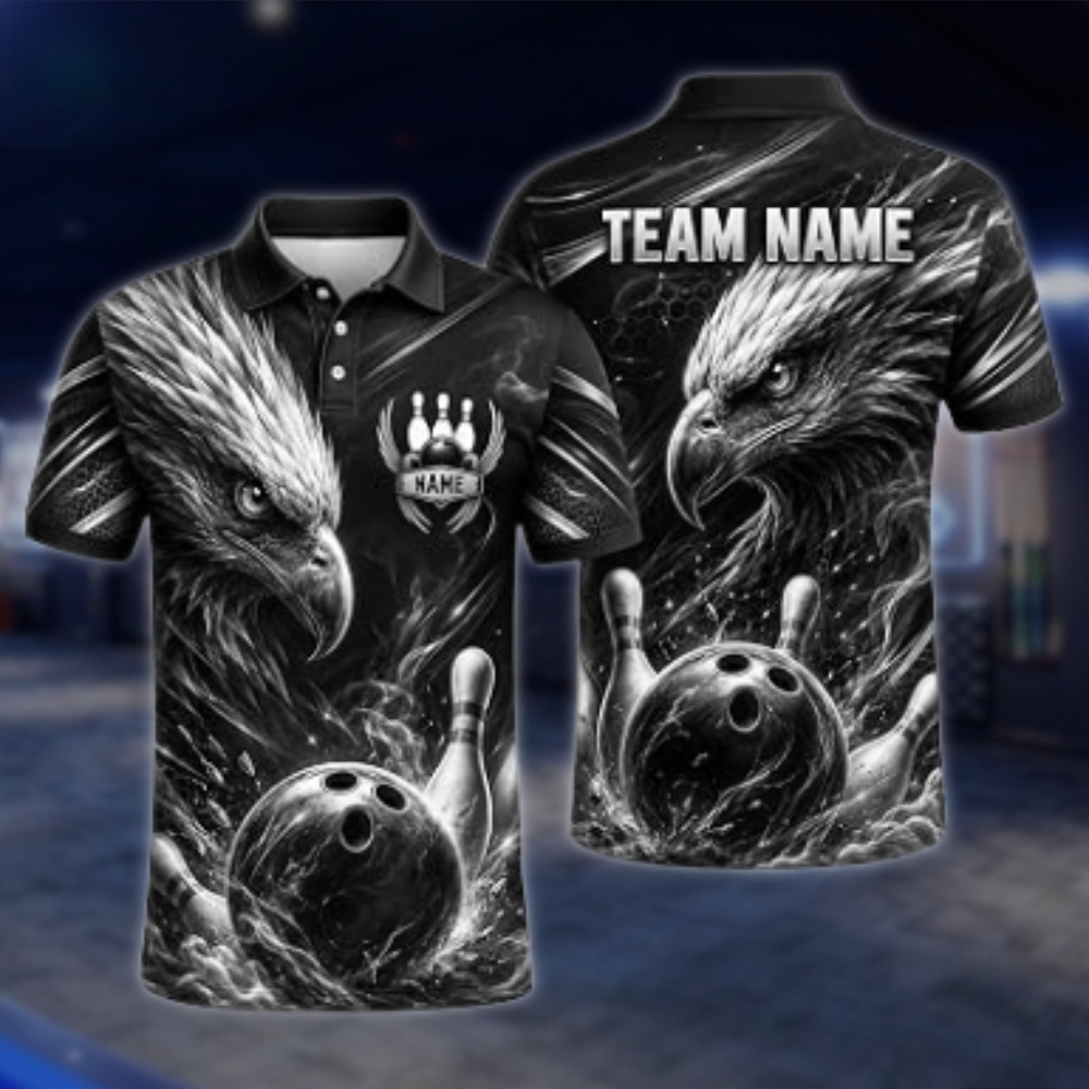 Personalized Eagle Golf Black Men's Bowling Polo Shirt, Custom Eagle Bowling Shirt For Team BZ0871 BOW0075