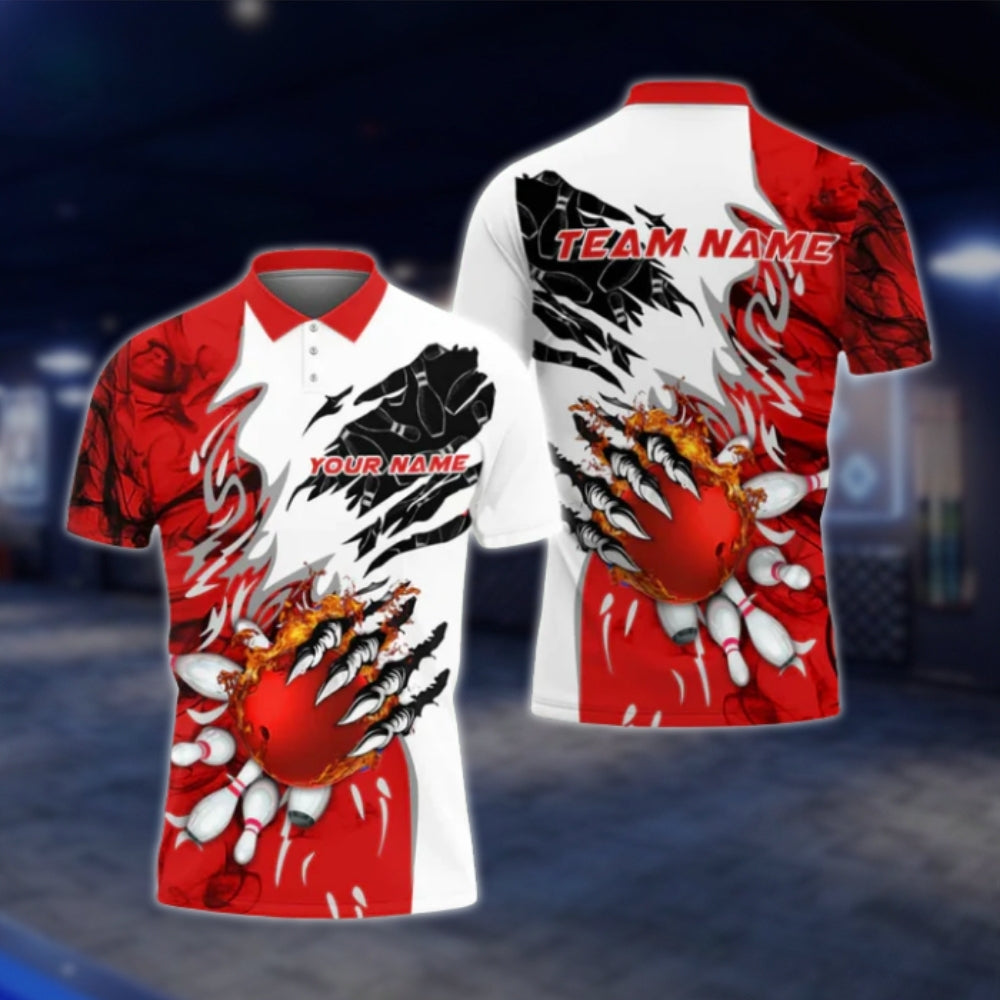 Custom Flame Orange White Mens Bowling Polo Shirt, Custom Flame Bowling Team Shirts BO0094 BOW0394