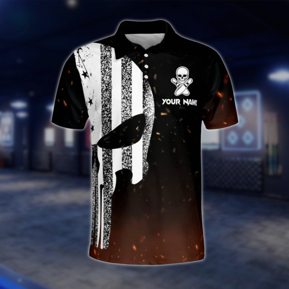 Custom Skull USA Flag Bowling Mens Polo Shirt, Custom Skull Bowling Team Shirts BZ0157 BOW0415
