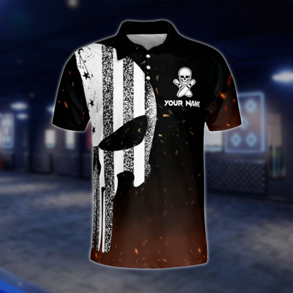 Custom Skull USA Flag Bowling Mens Polo Shirt, Custom Skull Bowling Team Shirts BZ0157 BOW0415