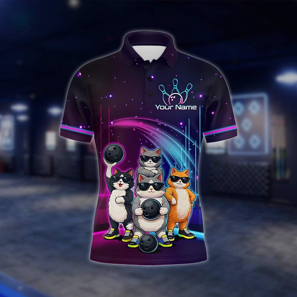 Personalized Funny Cat Bowling Polo Shirt For Men, Custom Cat Bowling Shirt For Team BZ0911 BOW0025