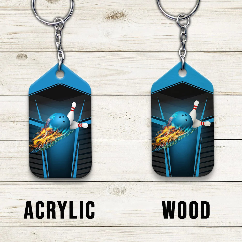 The Blue Bowling Ball in Flames Breaks White Skittles Personalized Name 3D Keychain ORN0166