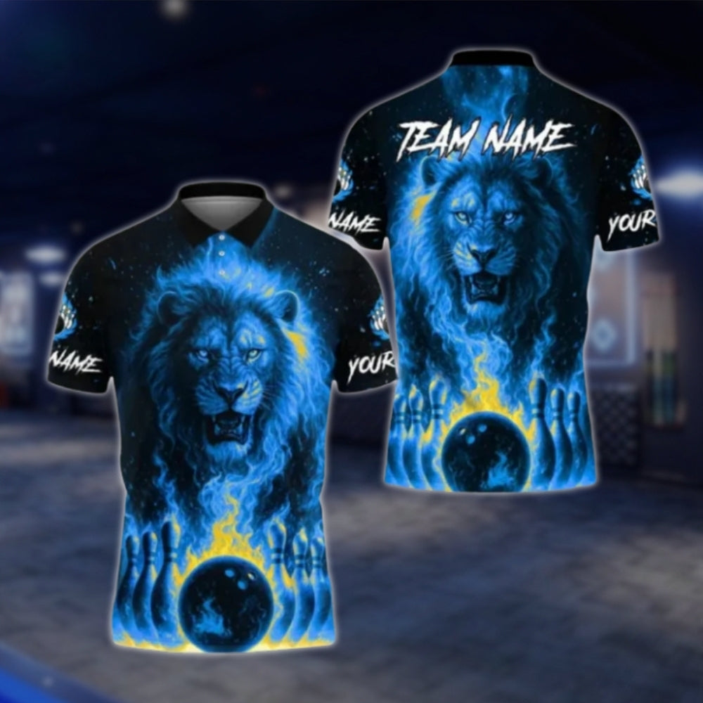 Lion Flame Custom Bowling Polo Shirt Mens, Custom Lion Bowling Shirts BE0167 BOW0381