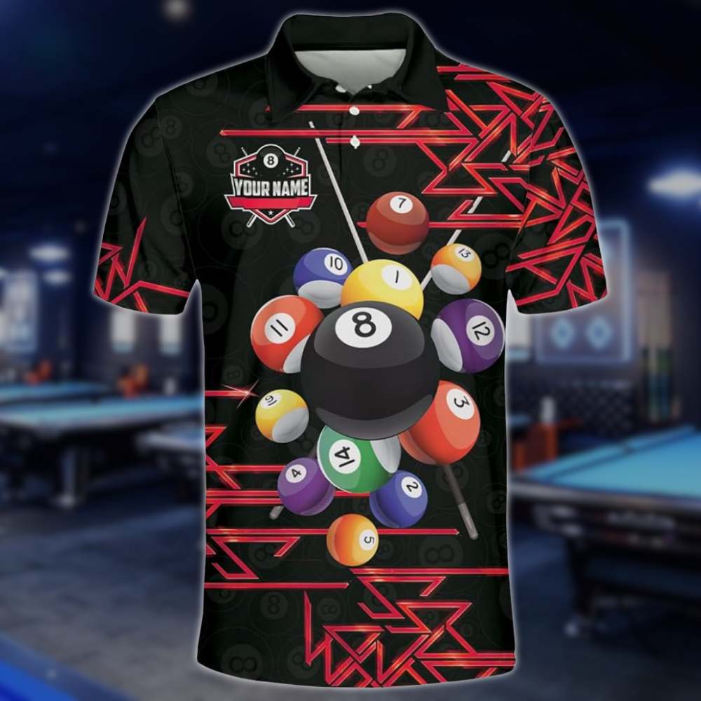 Custom Black And Gold 8 Ball Billiard Team Polo Shirts For Mens, Custom Billiard Team Shirts BLD0258