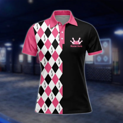 Split Happens Custom Argyle Pink Black Womens Bowling Polo Shirt, Custom Funny Bowling Shirt For Ladies BW0090 BOW0243