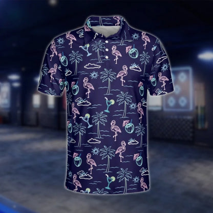 Neon Flamingo Tropical Mens Navy Golf Polo Shirts, Flamingo Golf Shirt GOF0192