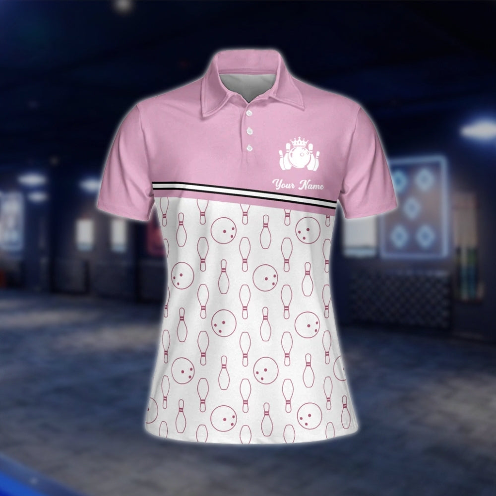 Custom Queen Of The Lanes Bowling Womens Polo Shirt, Pink And White Custom Funny Bowling Shirts For Ladies BW0116 BOW0208