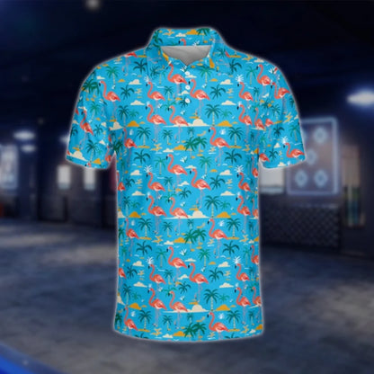 Men's Flamingo Blue Golf Polo Shirt, Tropical Flamingo Golf Shirt GOF0128