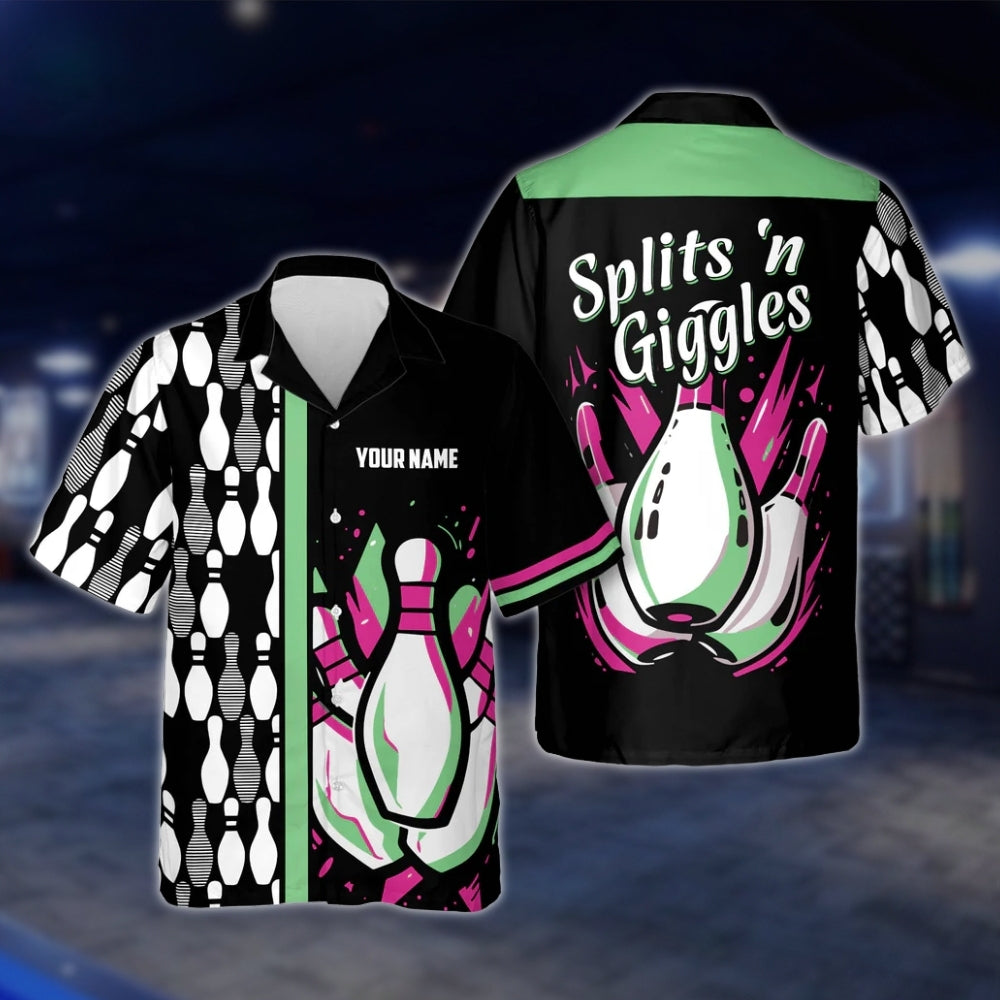 Splits'n Giggles Custom Name Black Purple Bowling Hawaiian Shirt, Custom Funny Bowling Shirts BE0030 BOW0357
