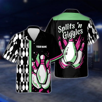 Splits'n Giggles Custom Name Black Purple Bowling Hawaiian Shirt, Custom Funny Bowling Shirts BE0030 BOW0357