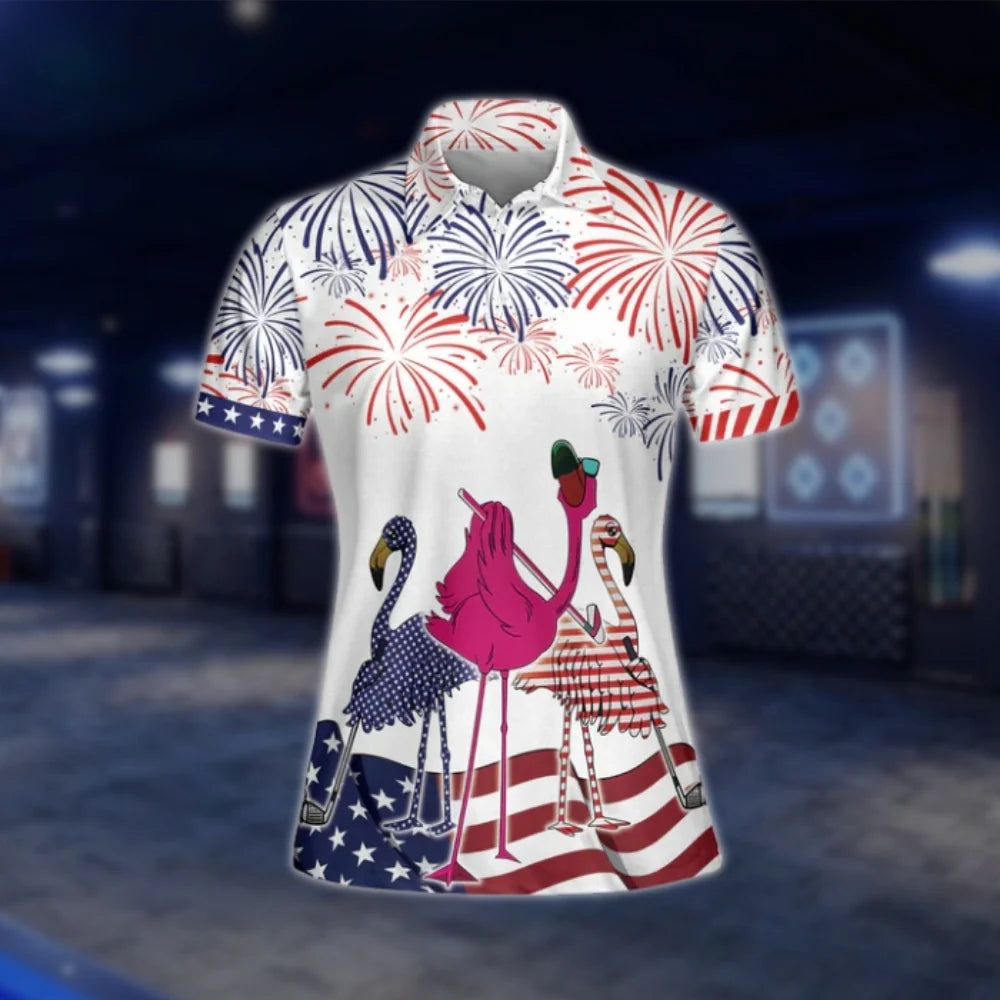 Flamingo Firework American Flag Golf Polo Shirts For Women, Ladies Flamingo Golf Shirts For Indepence Day GOF0268