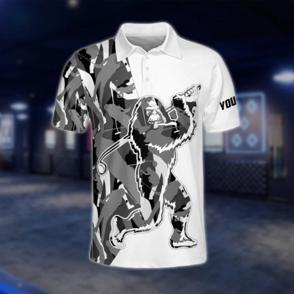Custom Bigfoot Saquatch Men's White And Grey Golf Polo Shirts, Custom Bigfoot Golf Shirts GOF0188