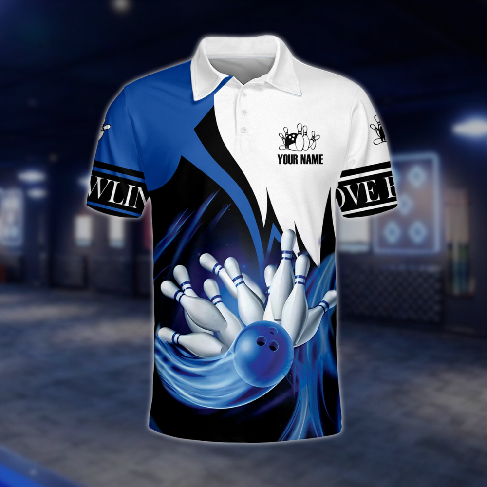 Custom Team Mens Bowling Polo Shirt Blue White, Custom Bowling Shirts BE0041 BOW0432