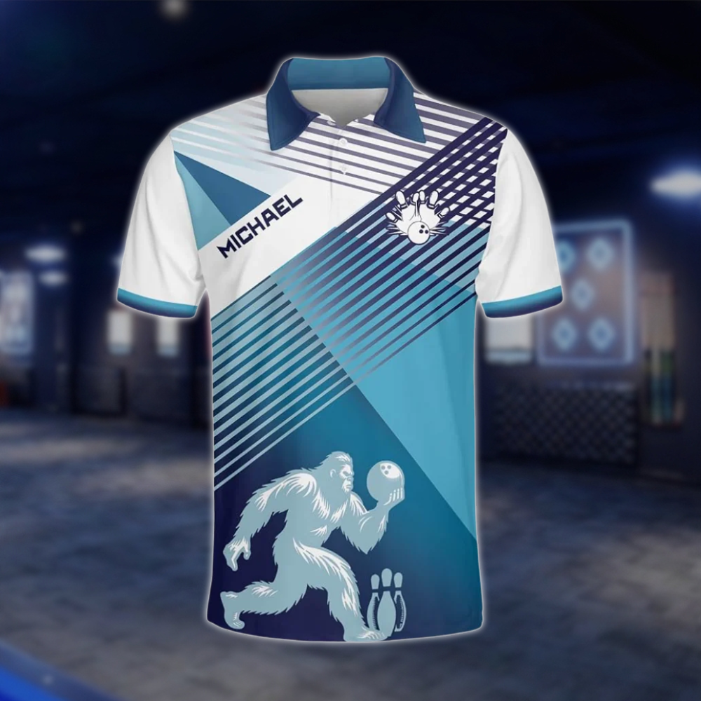 Personalized Sasquatch Blue White Bowling Mens Polo Shirt, Custom Bigfoot Bowling Team Shirt BZ0785 BOW0122