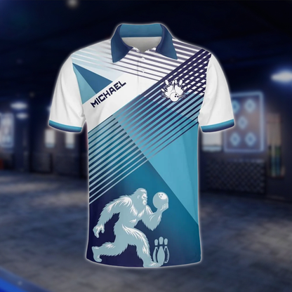 Personalized Sasquatch Blue White Bowling Mens Polo Shirt, Custom Bigfoot Bowling Team Shirt BZ0785 BOW0122