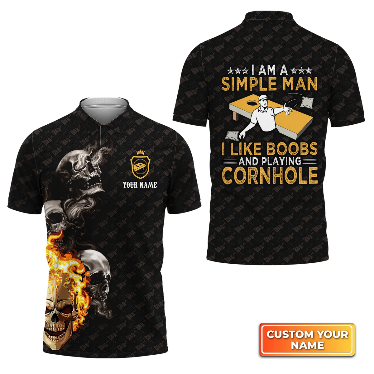 Cornhole Skull Fire Flame Funny Personalized Name 3D Polo Shirt Gift For Cornhole Players QB95 ORN0279