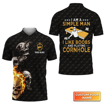 Cornhole Skull Fire Flame Funny Personalized Name 3D Polo Shirt Gift For Cornhole Players QB95 ORN0279