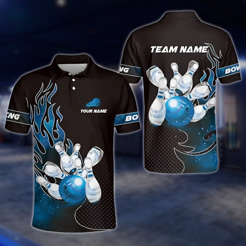 Custom Flaming Bowling Mens Polo Shirt, Black And Red Custom Flame Bowling Shirts Team BZ0177 BOW0379