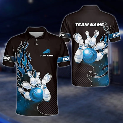 Custom Flaming Bowling Mens Polo Shirt, Black And Red Custom Flame Bowling Shirts Team BZ0177 BOW0379