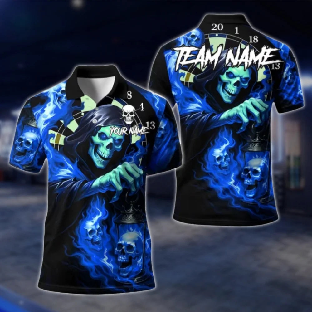 Custom Skull Green Flame Dart Polo Shirt Men, Custom Skull Dart Shirt For Team DAT0346