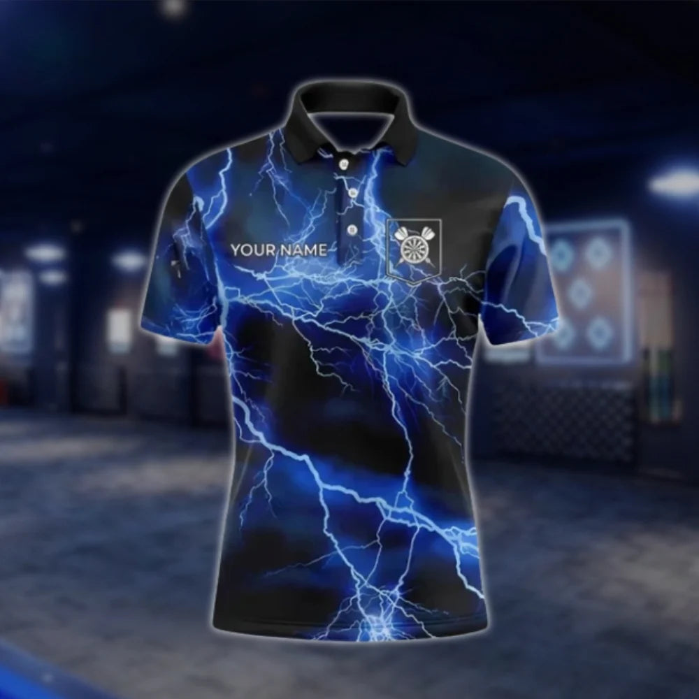 Thunder Lightning Blue Custom Mens Dart Polo Shirt, Custom Thunder Darts Team Shirts DAT0379