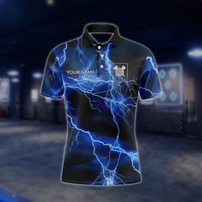 Thunder Lightning Blue Custom Mens Dart Polo Shirt, Custom Thunder Darts Team Shirts DAT0379