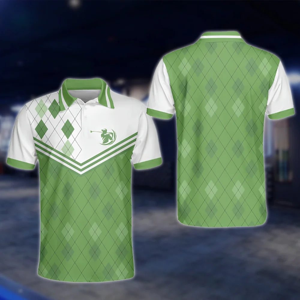 White And Green Argyle Matching Couple Golf Polo Shirts, Matching Argyle Golf Shirts For Men And Women GOF0176