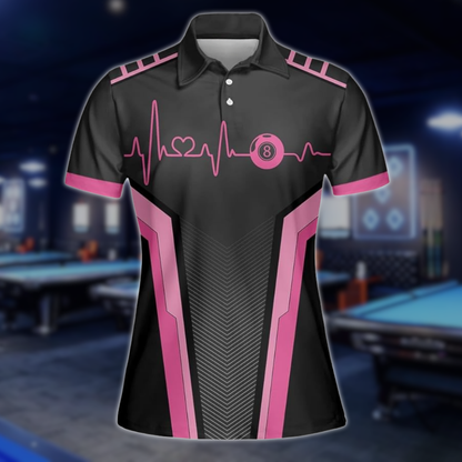 Custom Black Pink 8 Ball Billiard Polo Shirt Women, Custom 8 Ball Billiard Team Shirts For Ladies BLD0023
