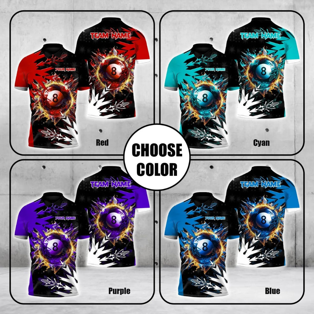 Custom Team Black And Cyan Frozen 8 Ball Billiard Polo Shirt For Men, Custom 8 Ball Billiard Team Shirts BLD0074