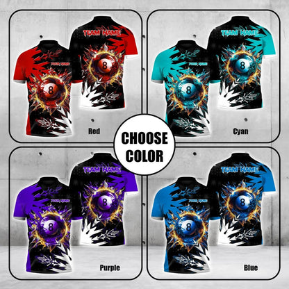 Custom Team Black And Cyan Frozen 8 Ball Billiard Polo Shirt For Men, Custom 8 Ball Billiard Team Shirts BLD0074