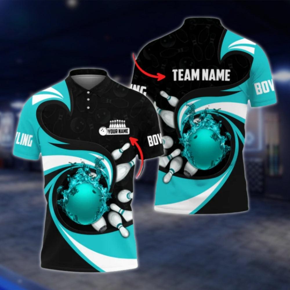 Custom Team Fire Ball Mens Bowling Polo Shirt, Red Black Custom Bowling Team Shirts BO0022 BOW0398