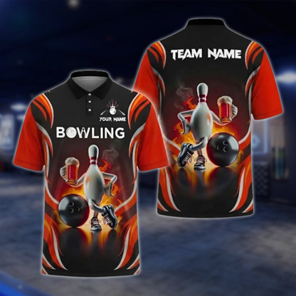 Pins And Beer Custom Mens Bowling Polo Shirt, Custom Beer Bowling Polo Shirts BZ0478 BOW0410