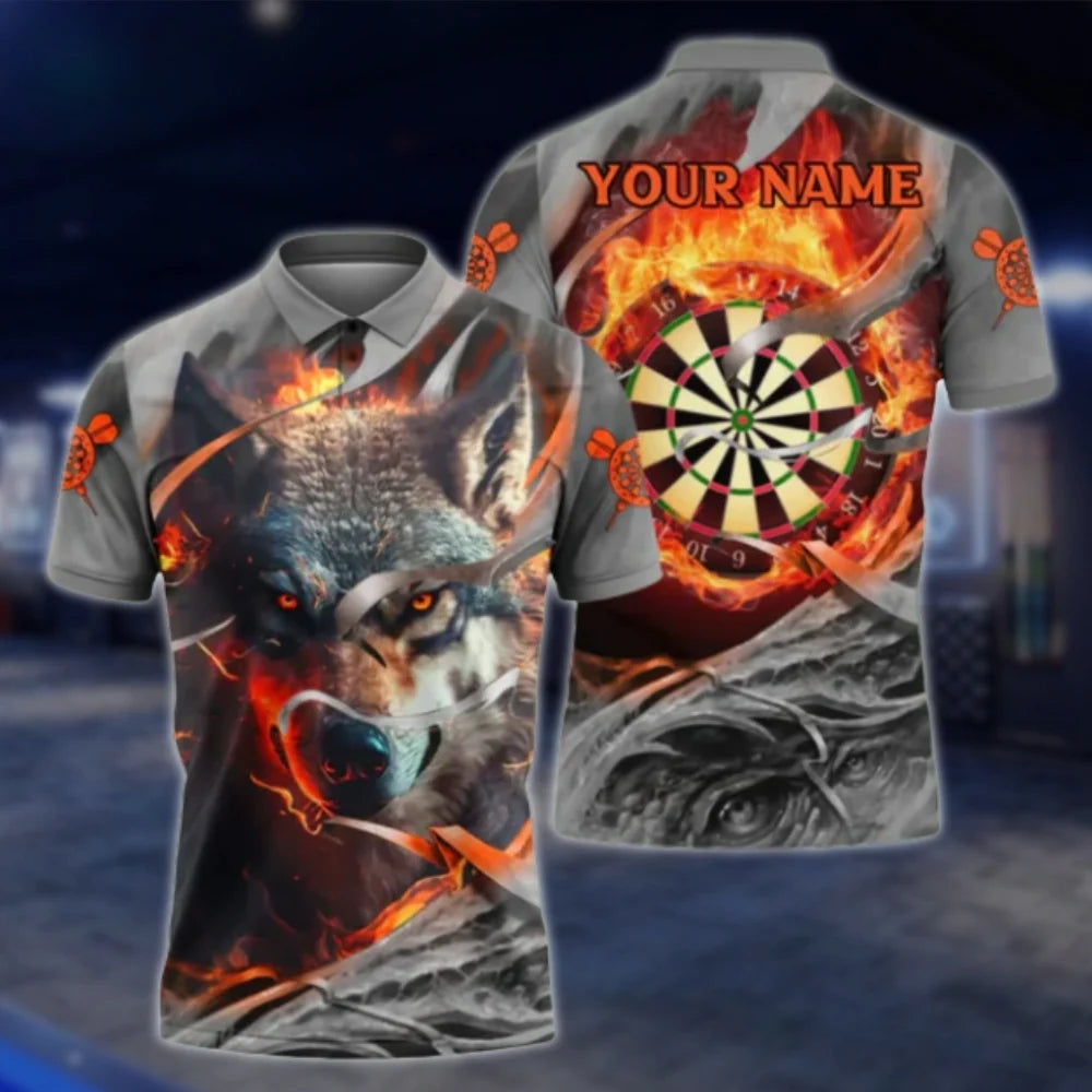 Custom Wolf Blue Flame Dart Mens Polo Shirt, Custom Wolf Dart Team Shirts DAT0452