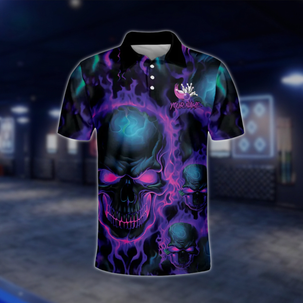 Purple Flame Skull Custom Team Mens Bowling Polo Shirts, Custom Skull Bowling Shirt BM0315 BOW0428
