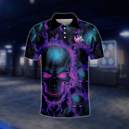 Purple Flame Skull Custom Team Mens Bowling Polo Shirts, Custom Skull Bowling Shirt BM0315 BOW0428