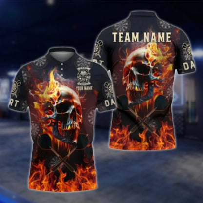 Custom Skull Blue Flame Dart Polo Shirt, Custom Skull Dart Team Shirts DAT0343
