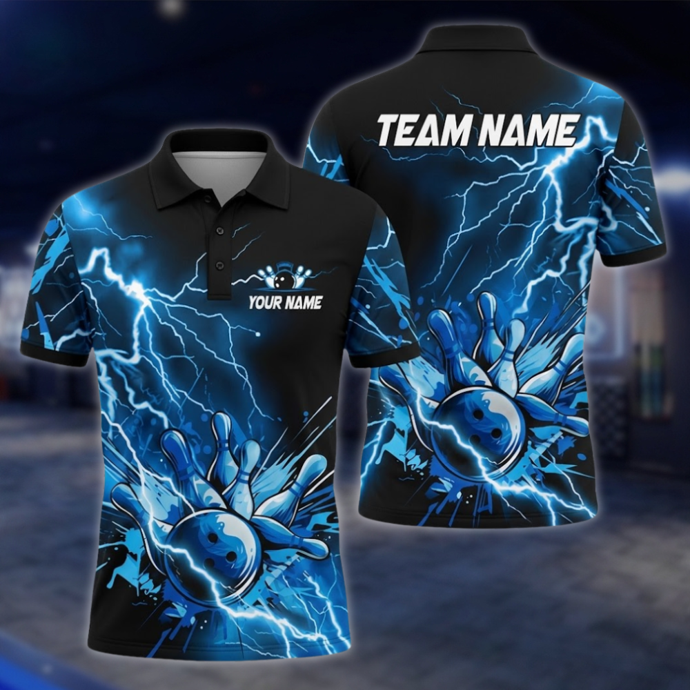 Personalized Purple Thunder Bowling Polo Shirt For Men, Custom Thunder Bowling Team Shirt BZ0876 BOW0070