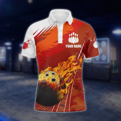 Personalized Flame Orange White Bowling Polo Shirt Mens, Custom Flame Bowling Team Shirts BZ0735 BOW0184
