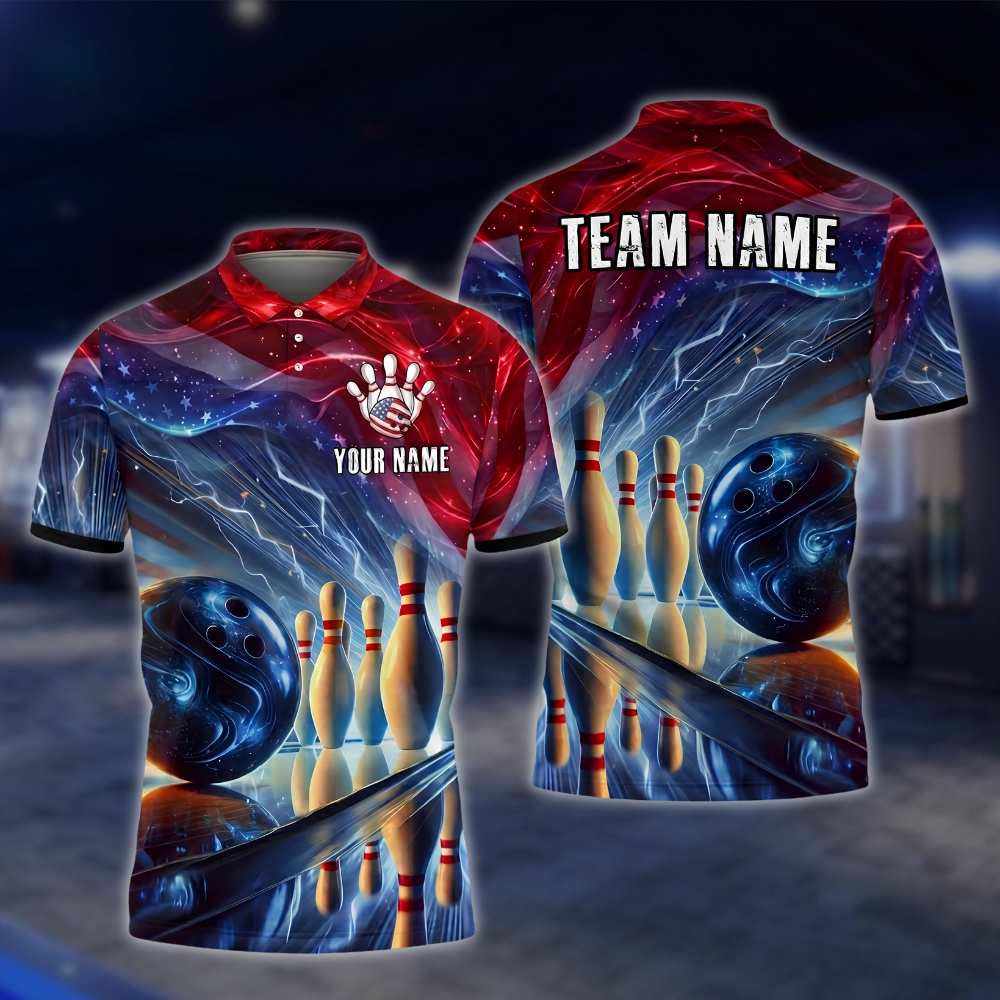 Personalized American Flag Neon Bowling Polo Shirt Mens, Custom Team Patriotic Bowling Shirt BZ0906 BOW0037