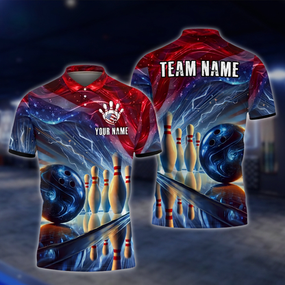 Personalized American Flag Neon Bowling Polo Shirt Mens, Custom Team Patriotic Bowling Shirt BZ0906 BOW0037