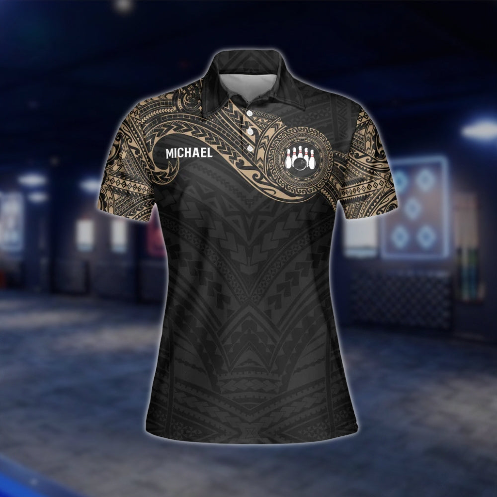 Custom Tribal Black Beige Womens Bowling Polo Shirt, Custom Tribal Bowling Team Shirt Women BW0155 BOW0246