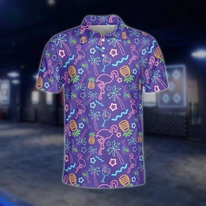 Neon Flamingo Pineapple Tropical Mens Purple Golf Polo Shirts, Flamingo Golf Shirt GOF0200