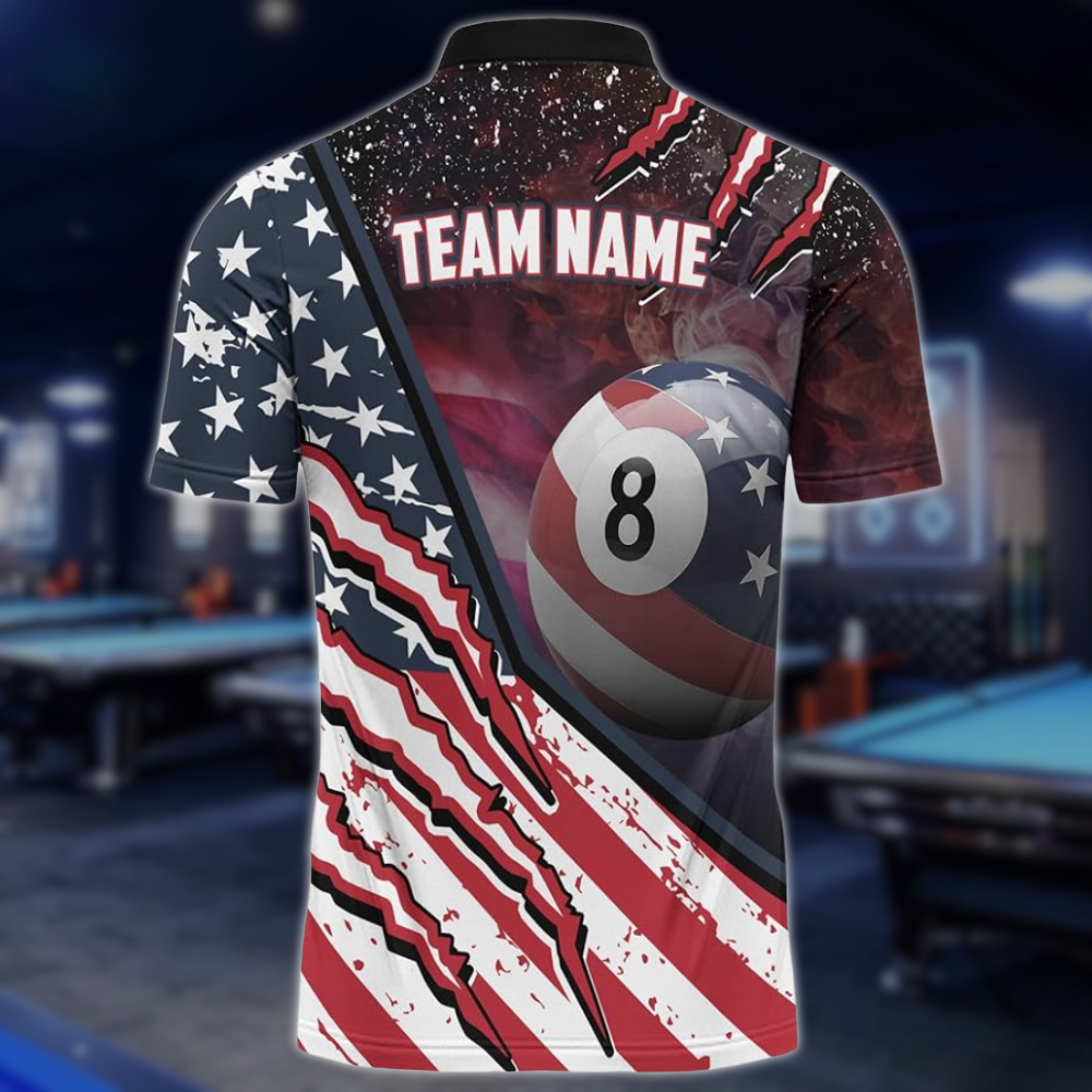 Custom 8 Ball American Flag Billiard Jersey For Mens, Custom Patriotic Pool Billiard Team Shirts BLD0251