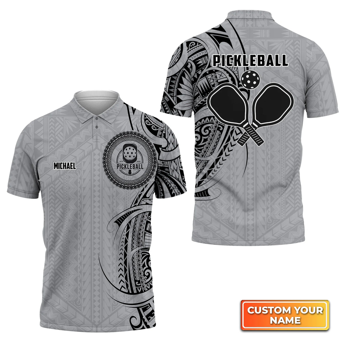 Strike Grey Tribal Tattoo Personalized Name 3D Polo Shirt QB95 Gift For Pickleball Player PKL0084