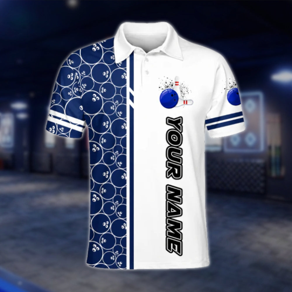 Custom Team Blue White Bowling Men's Polo Shirt, Custom Bowling Shirts BZ0446 BOW0471